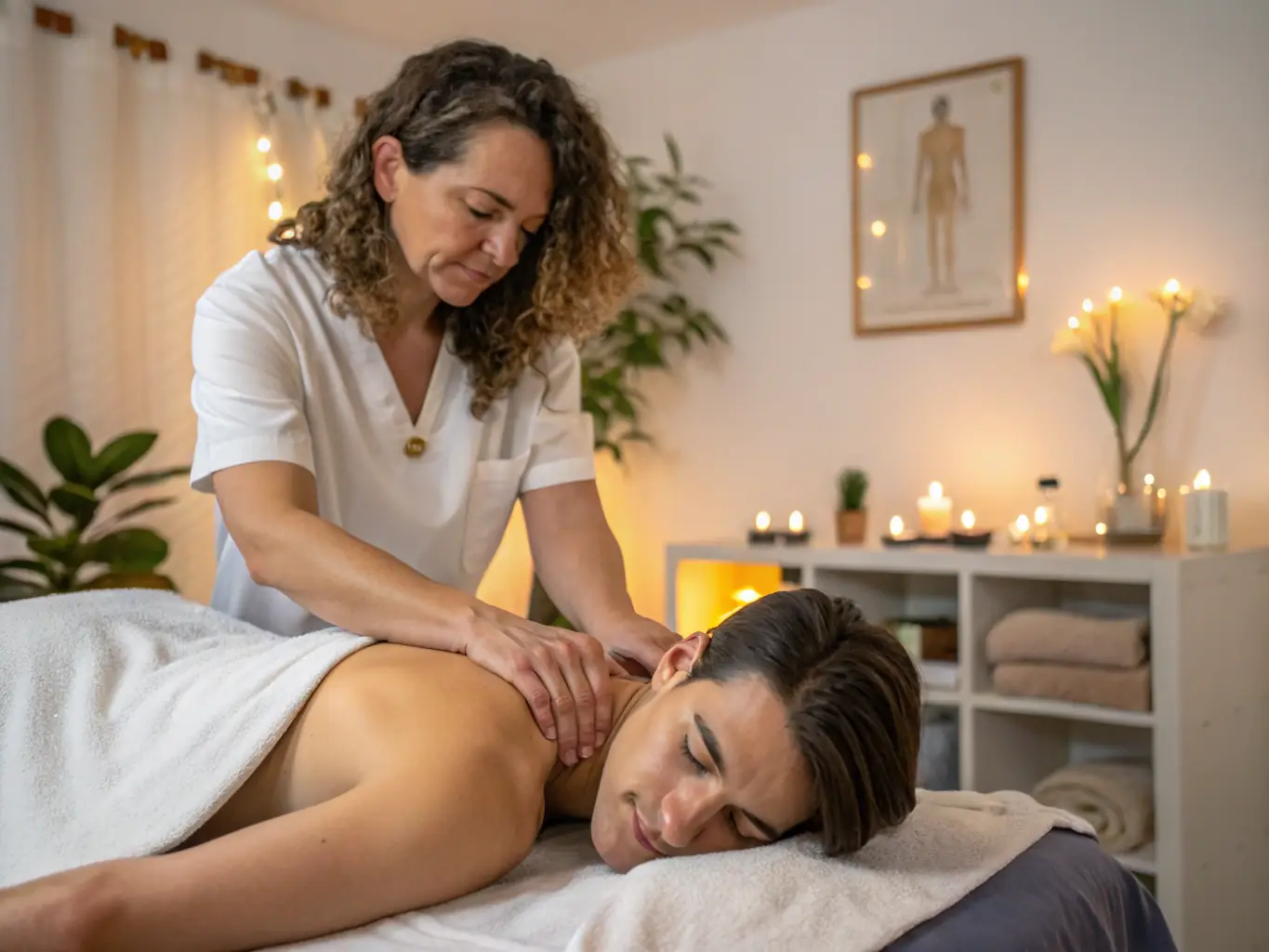 A therapist working with a client on a massage table, demonstrating techniques for injury rehabilitation, highlighting the personalized care provided.
