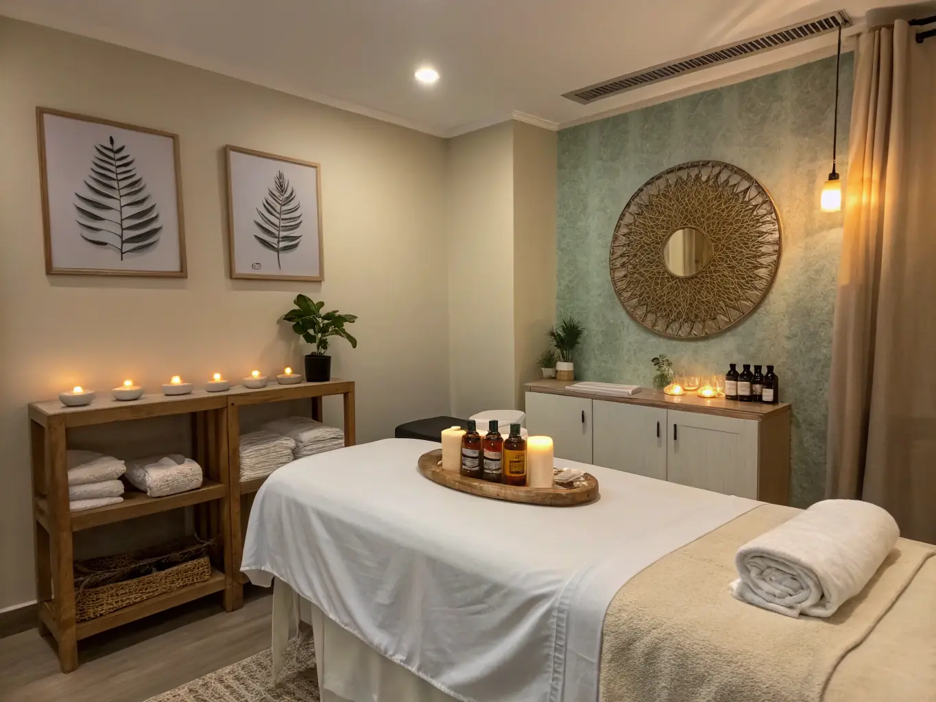 A serene massage therapy room with calming colors and soft lighting, showcasing a massage table and essential oils, representing the therapeutic massage service.