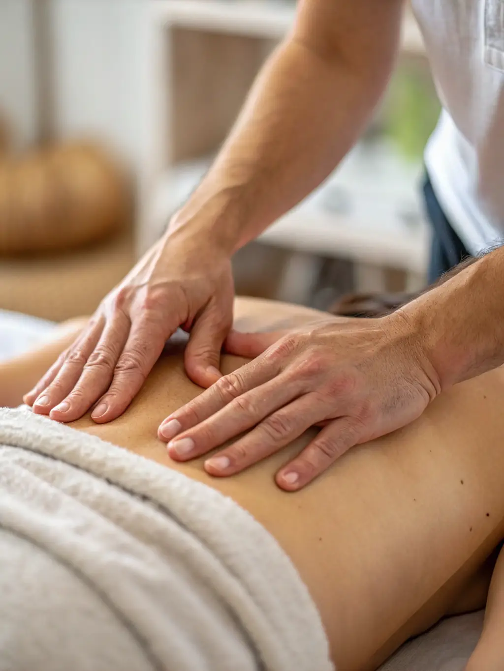 A close-up shot of hands gently massaging a client's shoulder, focusing on the relaxation and therapeutic touch involved in a Swedish massage session at Toronto Healing Therapies.