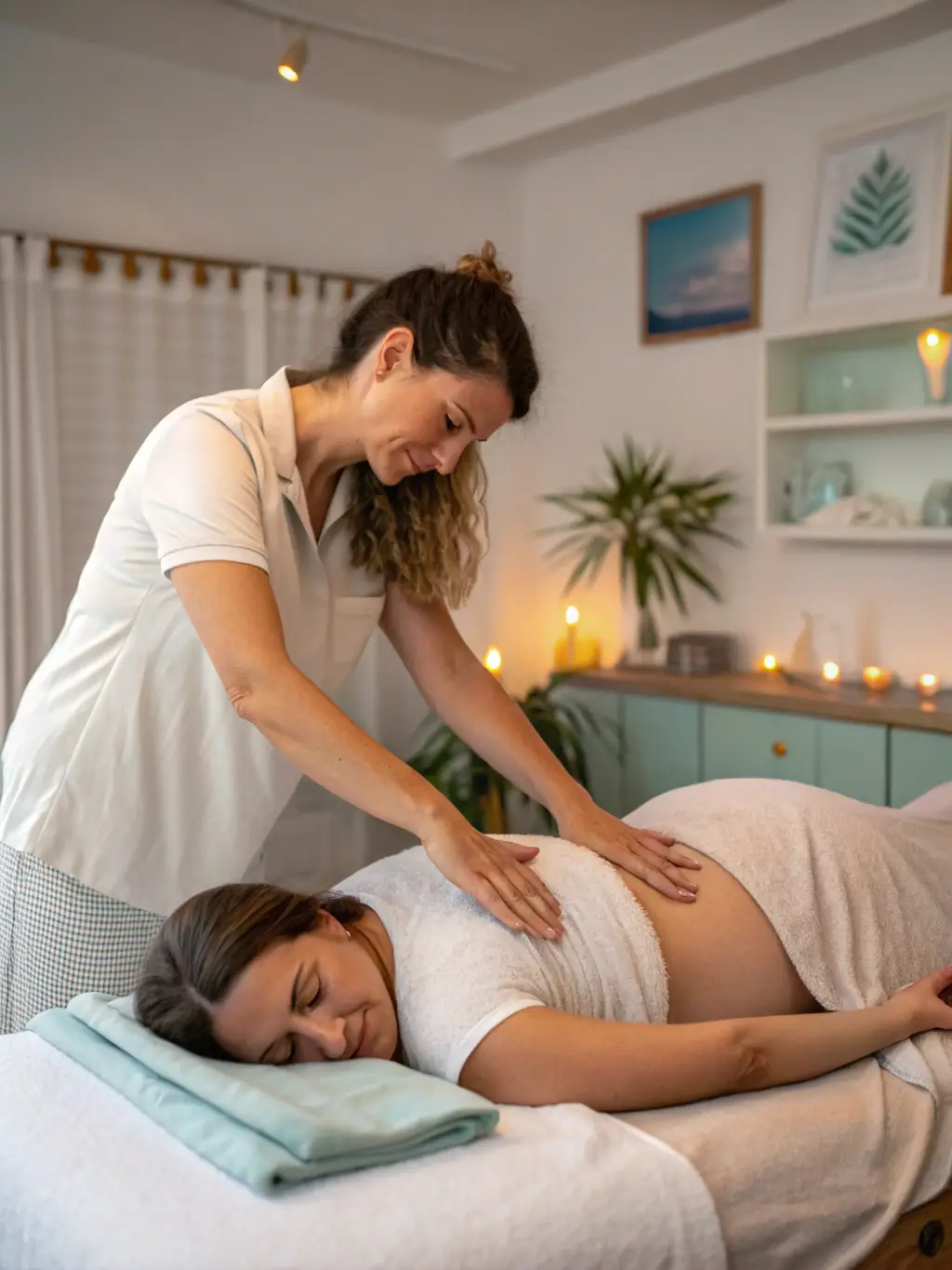 A client receiving a massage while comfortably positioned on a specialized pregnancy massage table, highlighting the care and support provided during prenatal massage sessions at Toronto Healing Therapies.